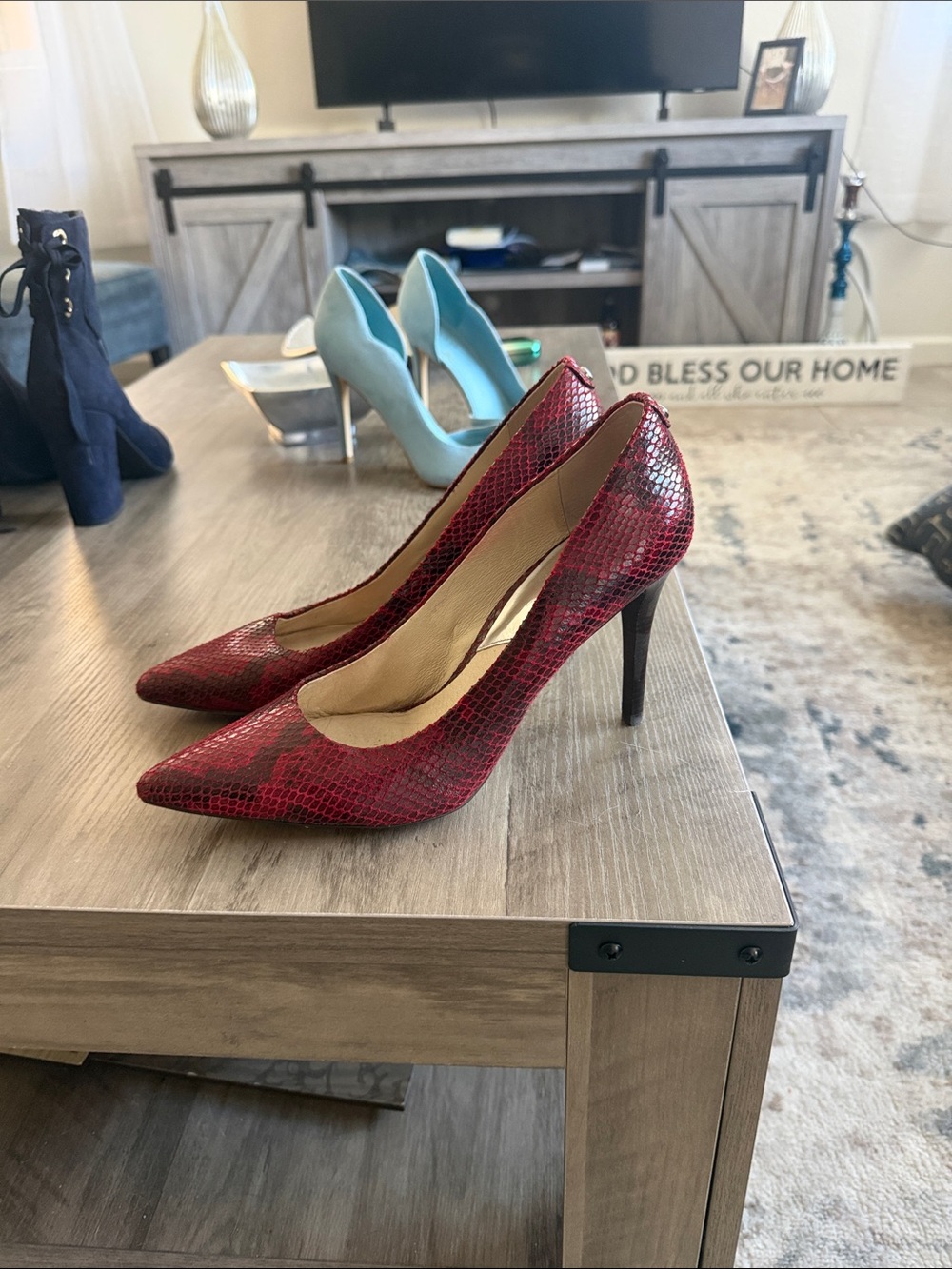 Micheal Kors Red Snake-Print Pointed Toe Stiletto Pumps
